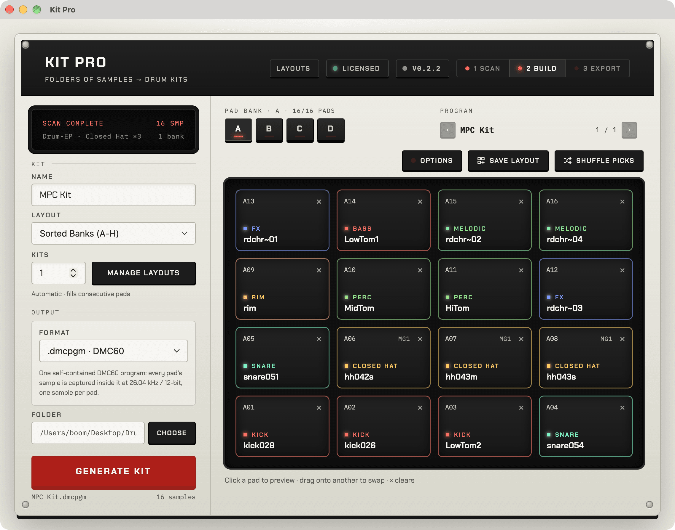 Kit Pro interface with a populated sample kit and export controls