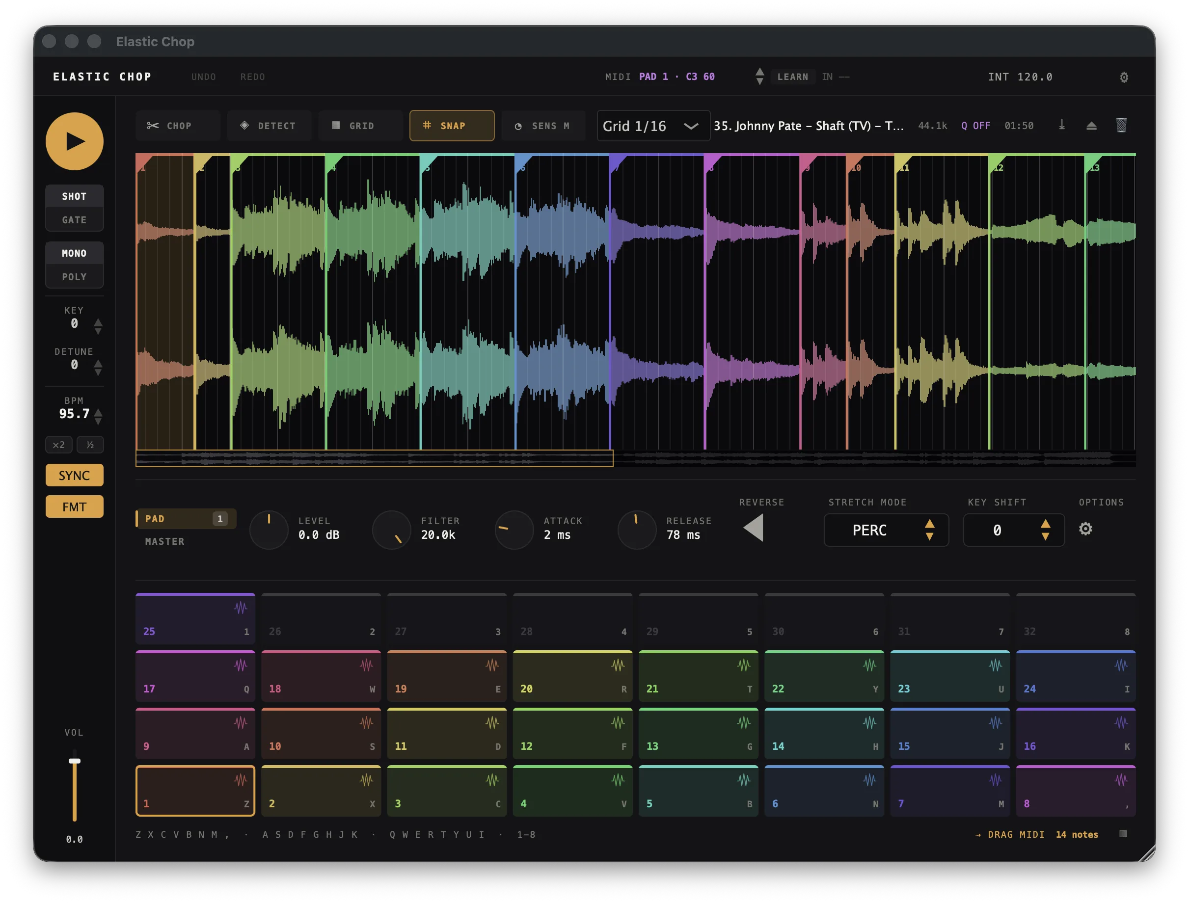 Elastic Chop showing a sliced waveform and 32 playable pads