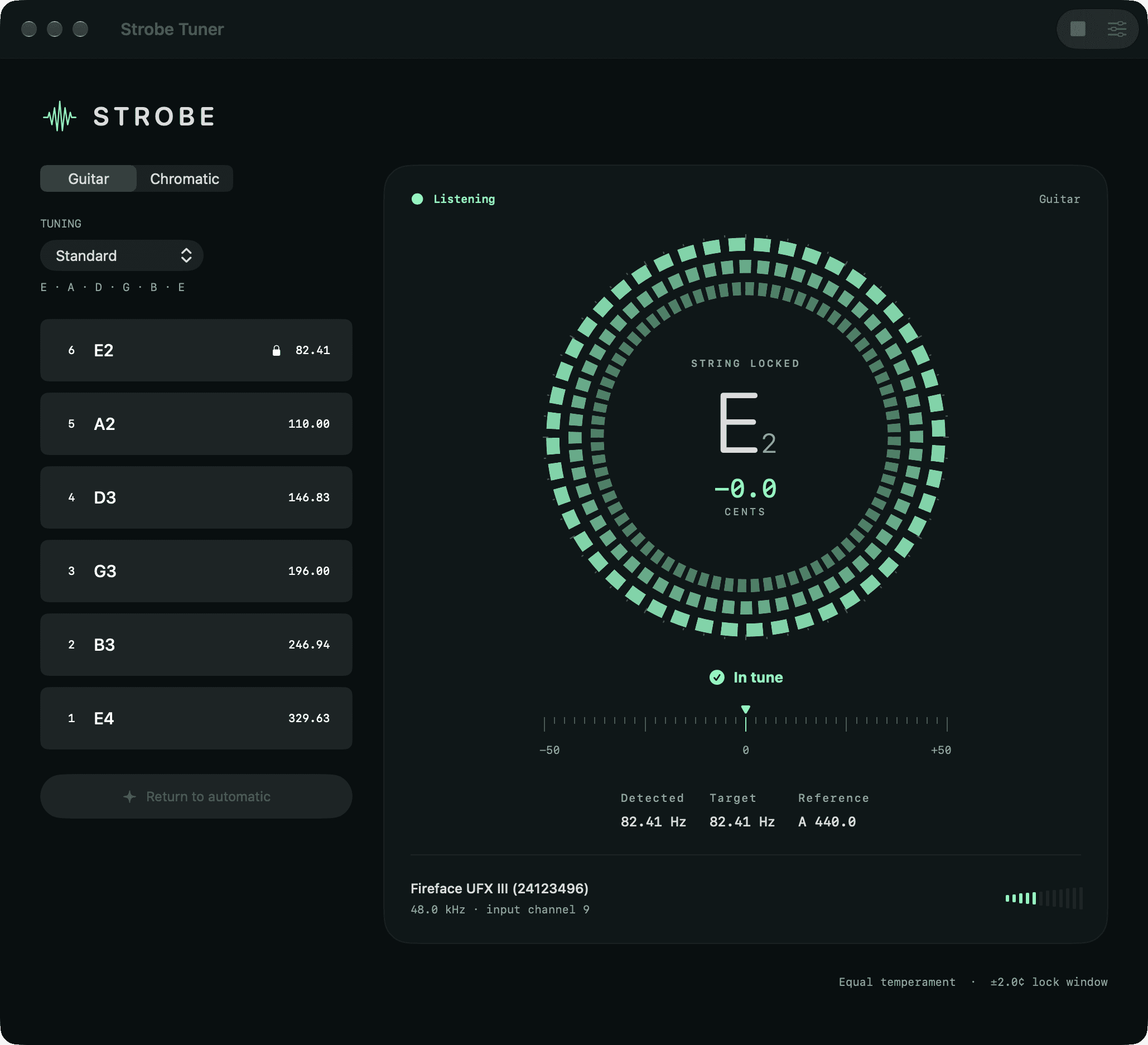 Strobe Tuner showing the low E string in tune with the strobe rings and cents readout